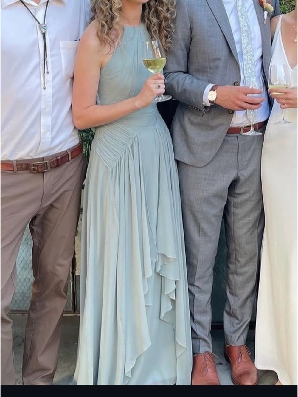 Sage Green Bridesmaid Dress with Ruched Bodice and Layered Skirt